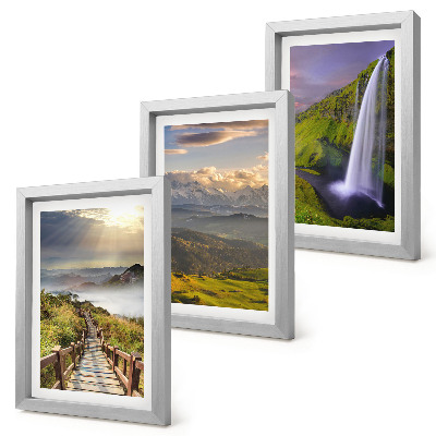 3-piece wall art set Picturesque mountain landscapes with a waterfall and a path