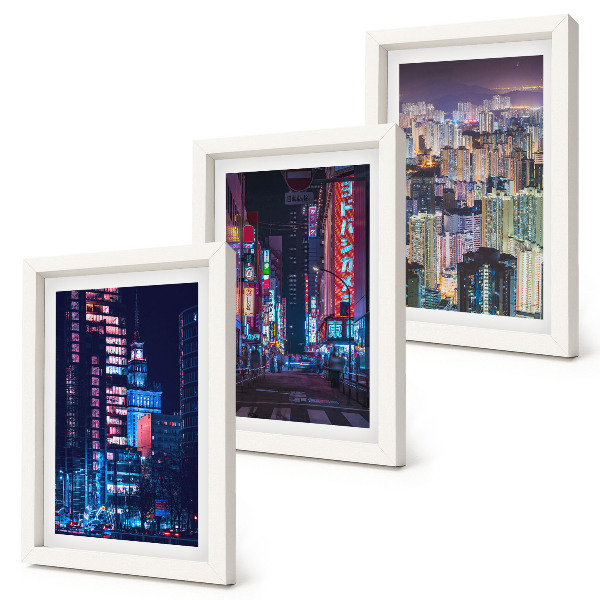Framed triptych Night views of cities with neon lights