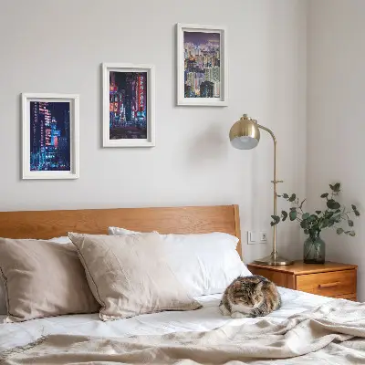 Night views of cities with neon lights framed triptych