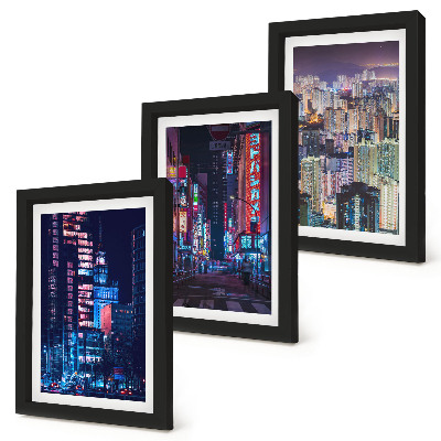 Framed triptych Night views of cities with neon lights