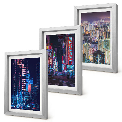 Framed triptych Night views of cities with neon lights