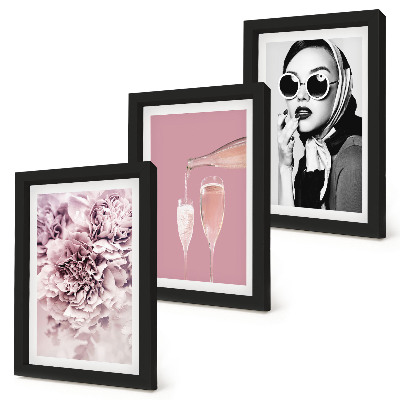 3-piece wall art set Flowers in shades of pink and an elegant woman