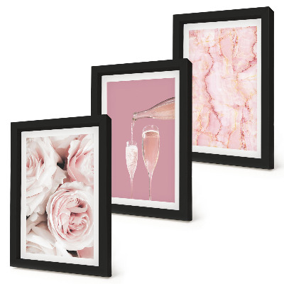 Framed triptych Champagne roses and a pastel marble background