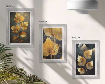 Framed triptych Leaves in shades of yellow on a dark background
