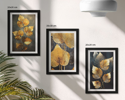 Framed triptych Leaves in shades of yellow on a dark background