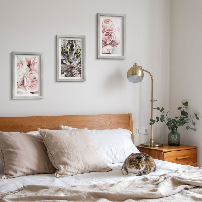 3-piece wall art set A cat among pink flowers of roses and peonies