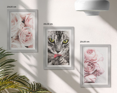 3-piece wall art set A cat among pink flowers of roses and peonies