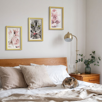 3-piece wall art set A cat among pink flowers of roses and peonies