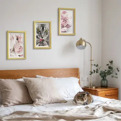 3-piece wall art set a cat among pink roses and peonies