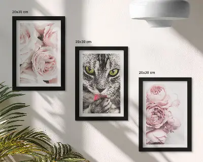 3-piece wall art set a cat among pink roses and peonies