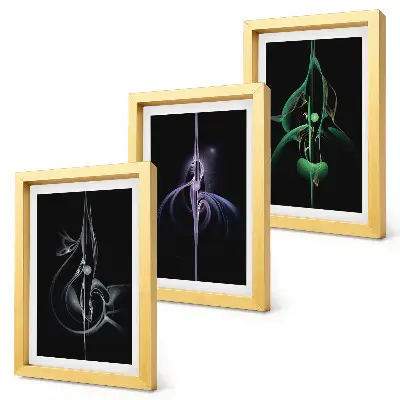 Photo frame wall with abstract patterns in shades of black and color