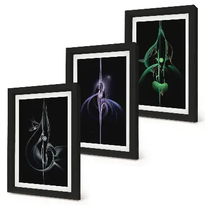 Photo frame wall with abstract patterns in shades of black and color