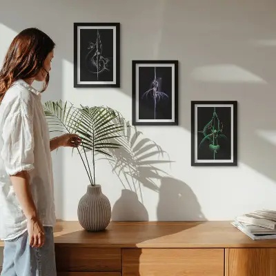 Photo frame wall with abstract patterns in shades of black and color