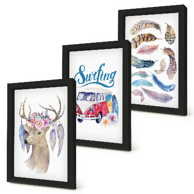 Framed triptych Antlered Deer with Flowers Holiday Van Feathers