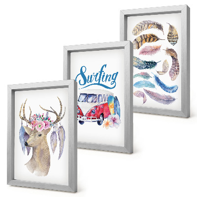 Framed triptych Antlered Deer with Flowers Holiday Van Feathers