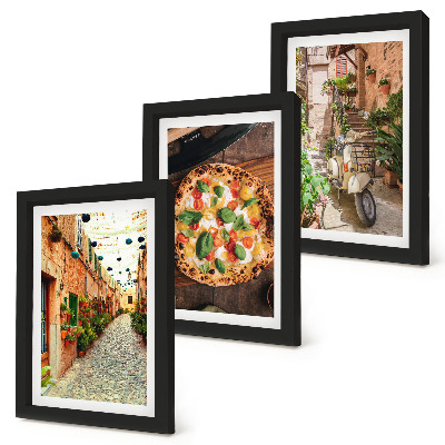 3-piece wall art set Charming streets with plants and Italian pizza