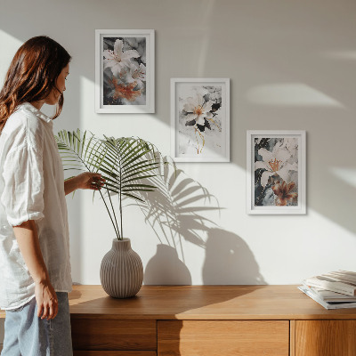 Photo frame wall Flowers on a marble background in shades of white and black