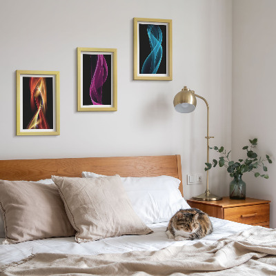Framed triptych Waves of colorful neon lines on a dark background