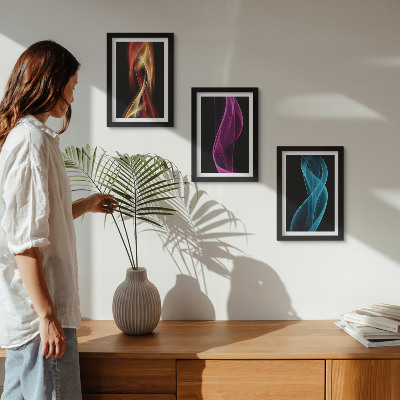 Framed triptych Waves of colorful neon lines on a dark background