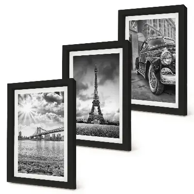 3-piece wall art set featuring city views of Eiffel Tower, bridges, and a classic car