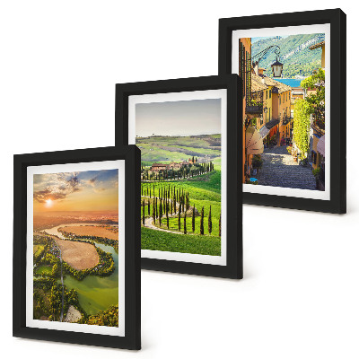 3-piece wall art set Italian landscapes with a river, hills and a city street