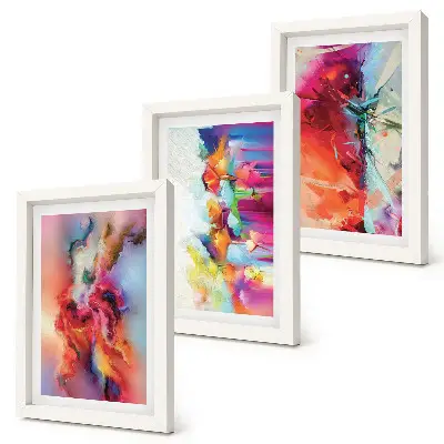 Photo frame wall with colorful abstract motifs and dynamic forms