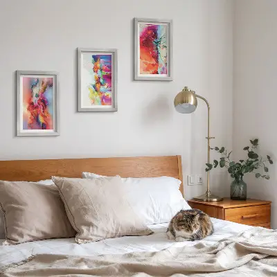 Photo frame wall with colorful abstract motifs and dynamic forms