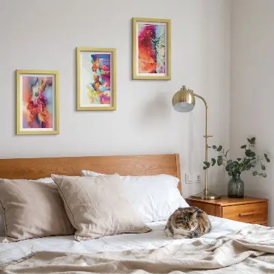 Photo frame wall with colorful abstract motifs and dynamic forms