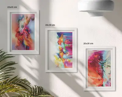 Photo frame wall with colorful abstract motifs and dynamic forms