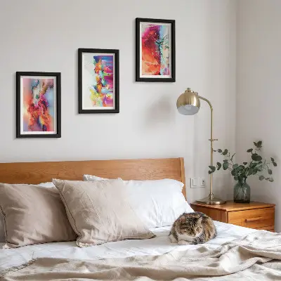 Photo frame wall with colorful abstract motifs and dynamic forms