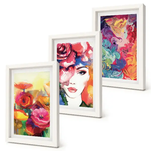 Framed triptych flowers in intense colors with an abstract portrait of a woman