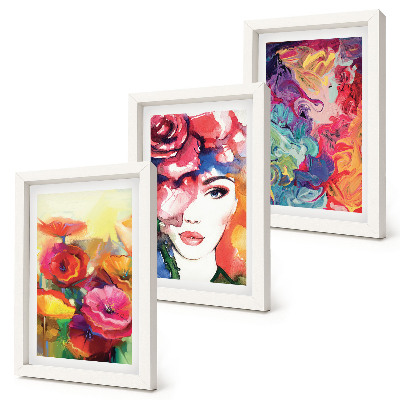 Framed triptych Flowers in intense colors, portrait of a woman, abstract