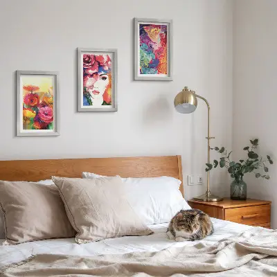 Framed triptych flowers in intense colors with an abstract portrait of a woman