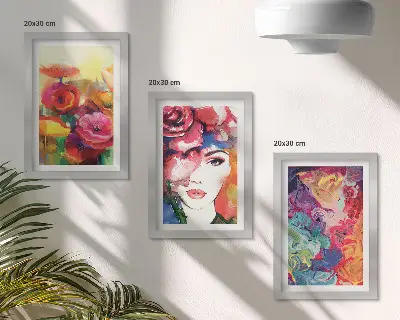 Framed triptych flowers in intense colors with an abstract portrait of a woman