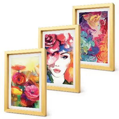 Framed triptych flowers in intense colors with an abstract portrait of a woman