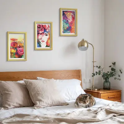 Framed triptych flowers in intense colors with an abstract portrait of a woman