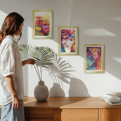 Framed triptych Flowers in intense colors, portrait of a woman, abstract