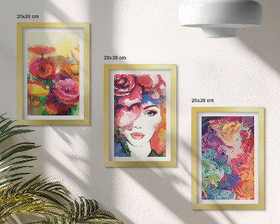 Framed triptych Flowers in intense colors, portrait of a woman, abstract