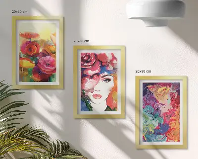 Framed triptych flowers in intense colors with an abstract portrait of a woman