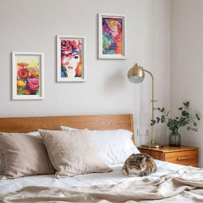 Framed triptych Flowers in intense colors, portrait of a woman, abstract