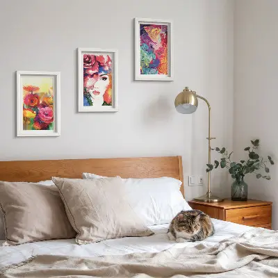 Framed triptych flowers in intense colors with an abstract portrait of a woman