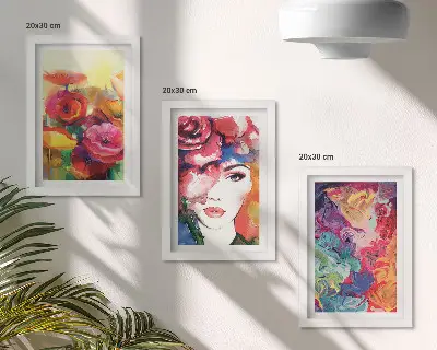 Framed triptych flowers in intense colors with an abstract portrait of a woman