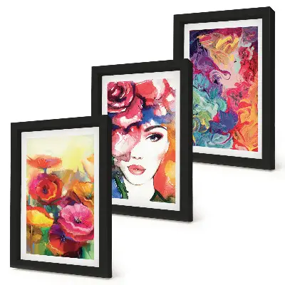 Framed triptych flowers in intense colors with an abstract portrait of a woman