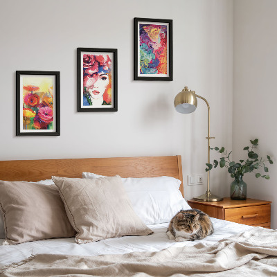 Framed triptych Flowers in intense colors, portrait of a woman, abstract