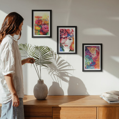 Framed triptych Flowers in intense colors, portrait of a woman, abstract