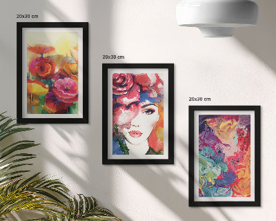 Framed triptych Flowers in intense colors, portrait of a woman, abstract