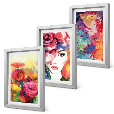 Framed triptych Flowers in intense colors, portrait of a woman, abstract