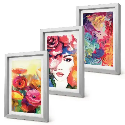 Framed triptych flowers in intense colors with an abstract portrait of a woman