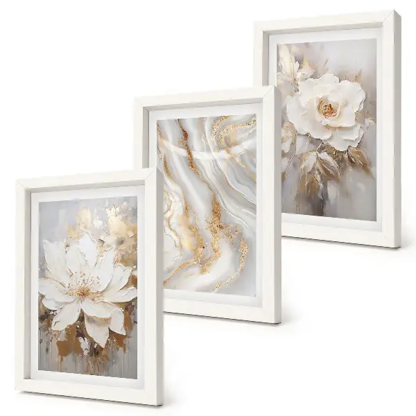 3-Piece wall art set with flowers and abstract marble pattern