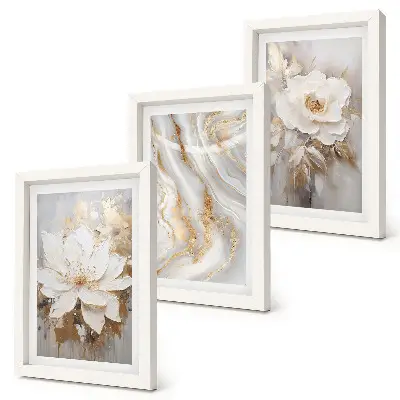 3-Piece wall art set with flowers and abstract marble pattern
